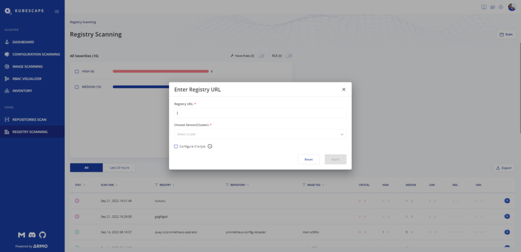 Container image registry scanning by Kubescape cloud