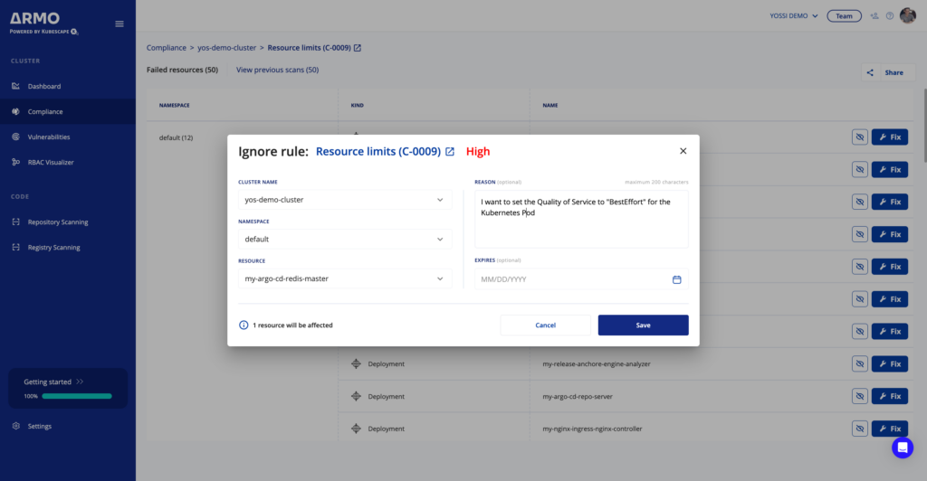 ARMO Platform Ignore a misconfiguration