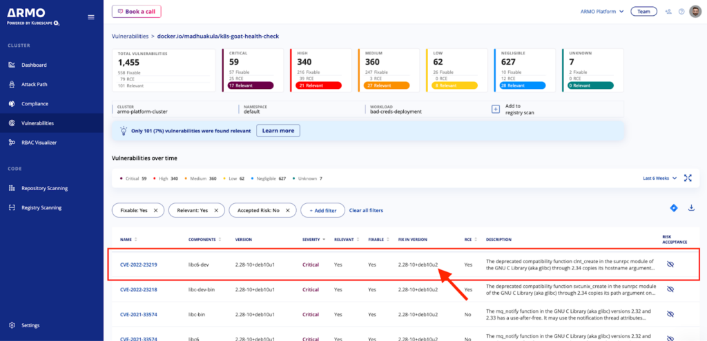 ARMO Platform indicating which image version has the required fix