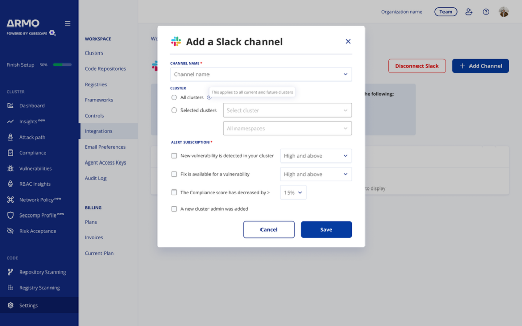 ARMO's Slack integration